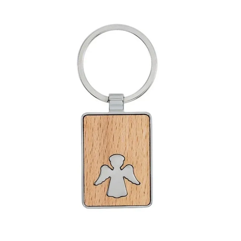 Llavero madera combinado metal 4 cm. rectangular detalle Ángel centro