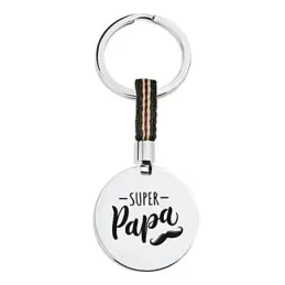 Llavero acero inoxidable rodiado SUPER PAPÁ bigote chapa redonda deta