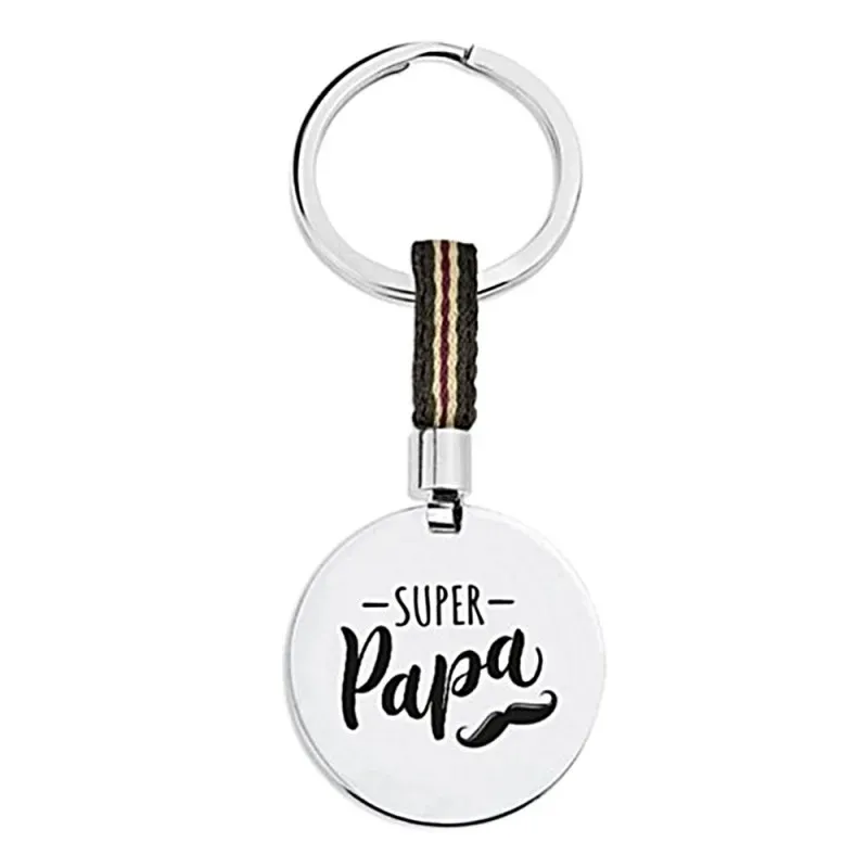 Llavero acero inoxidable rodiado SUPER PAPÁ bigote chapa redonda deta
