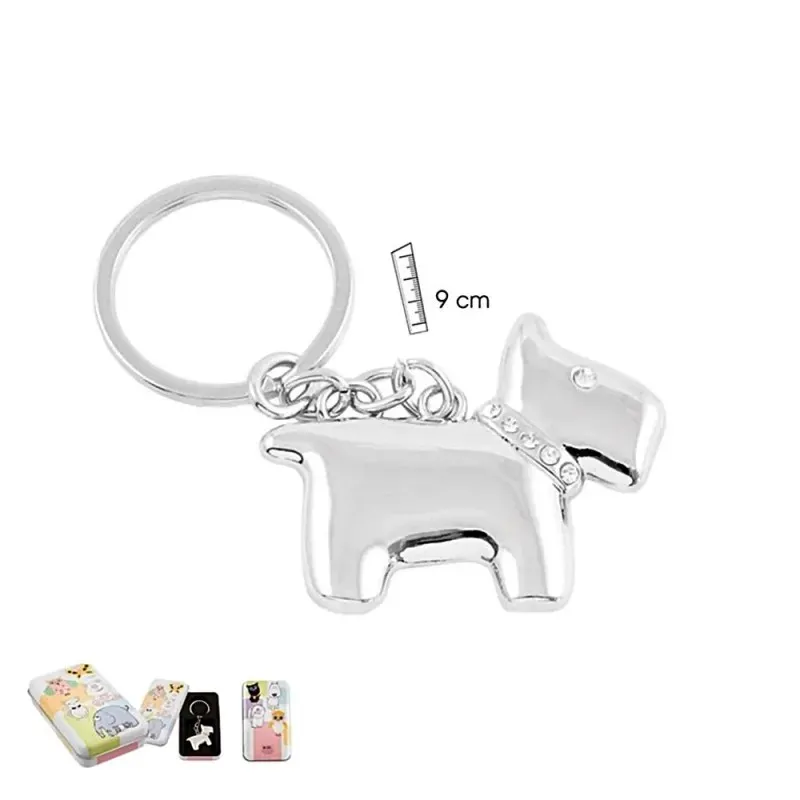 Llavero metálico 9cm. motivo perro liso brillo ojo collar piedras blancas
