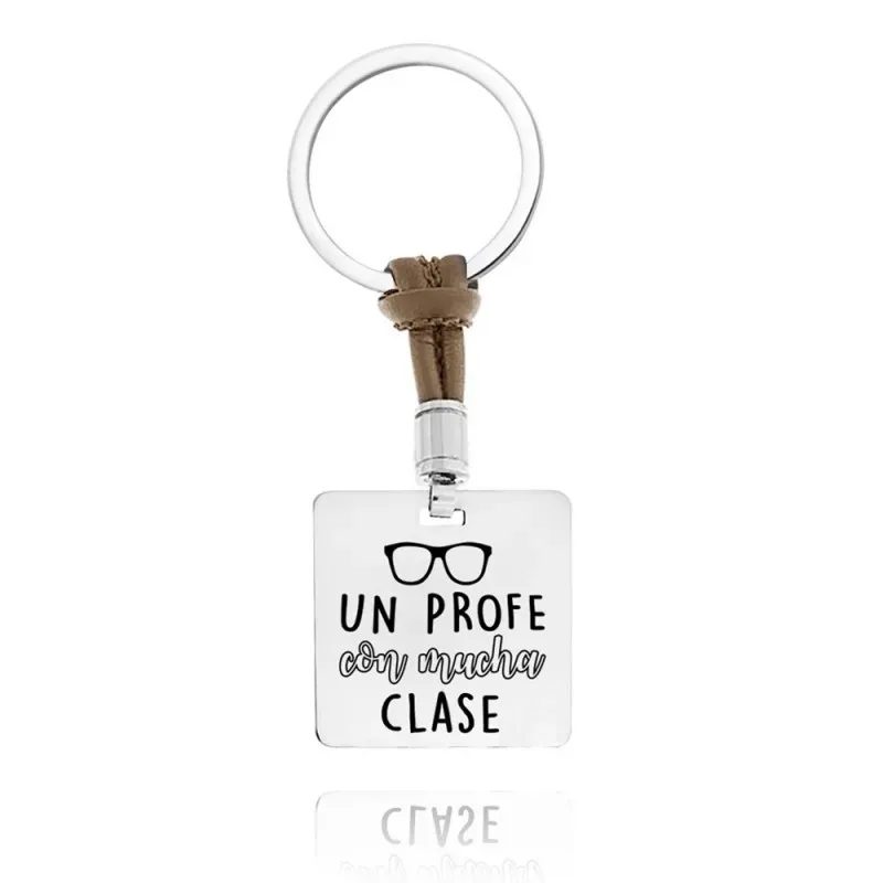Llavero Verutia acero rodiado cuero marrón claro beige chapa UN PROFE CON MUCHA CLASE [AC1493GR]
