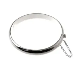 Pulsera brazalete plata Ley 925m media caña 60mm. lisa grueso 9mm. cadena de seguridad