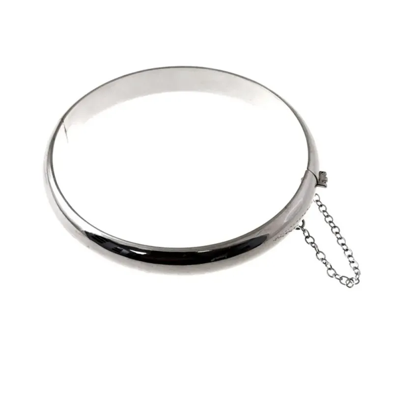 Pulsera brazalete plata Ley 925m media caña 60mm. lisa grueso 9mm. cadena de seguridad