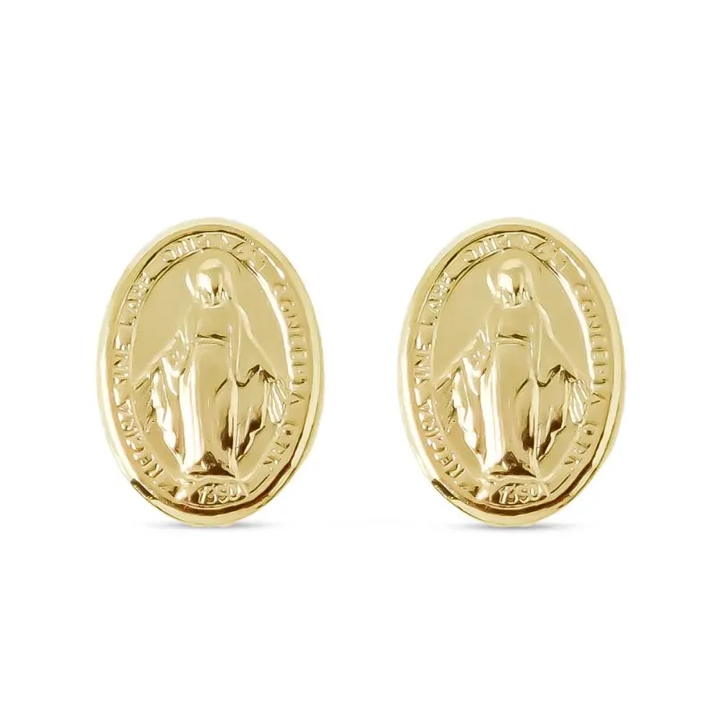 Virgen Milagrosa Pendientes Plata Ley 925m chapados oro niña 10 mm. d
