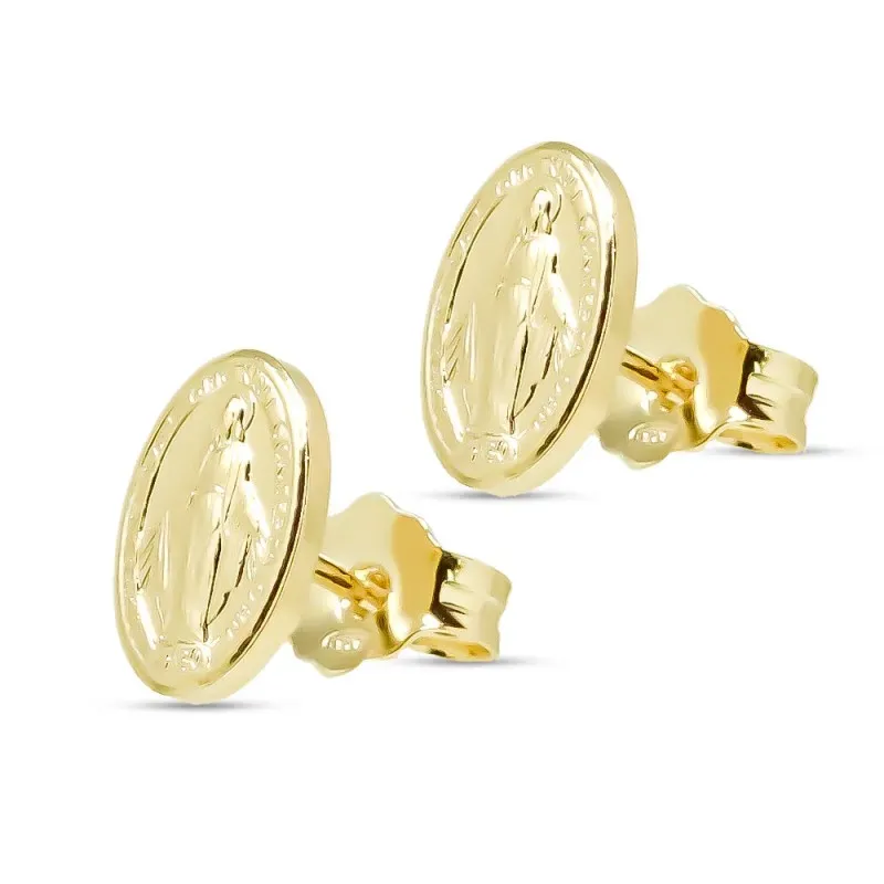 Virgen Milagrosa Pendientes Plata Ley 925m chapados oro niña 10 mm. d