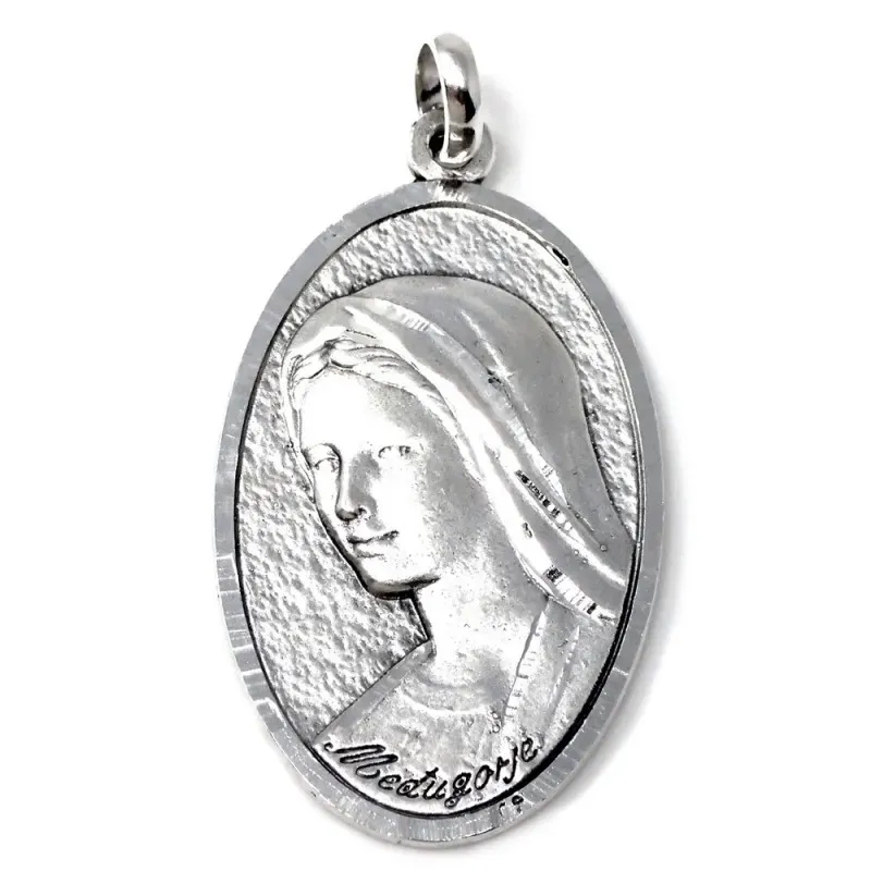 Medalla colgante plata Ley 925m escapulario macizo 42mm. Virgen de Medugorje Cristo Corazón de Jesús