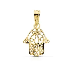 Colgante oro 18k amuleto mano de Fátima 14mm. calada detallaes interior tallados