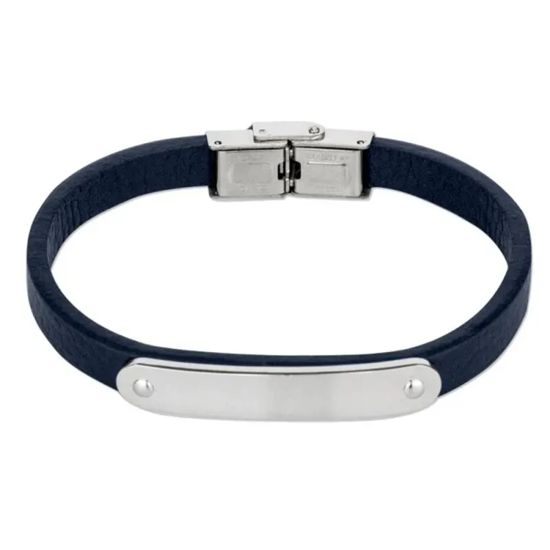 Pulsera acero inoxidable rodiado 22cm. hombre cuero sintético azul de