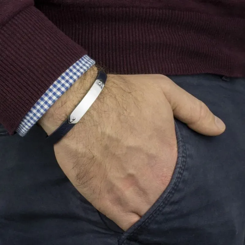 Pulsera acero inoxidable rodiado 22cm. hombre cuero sintético azul de