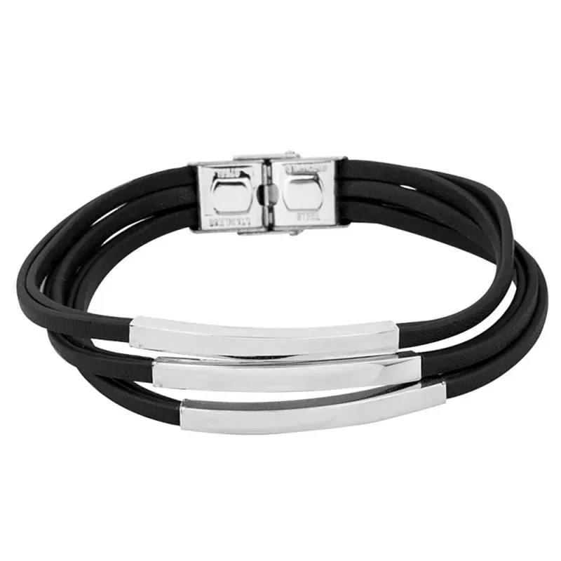 Pulsera acero inoxidable rodiado 22cm. hombre triple tira cuero sinté