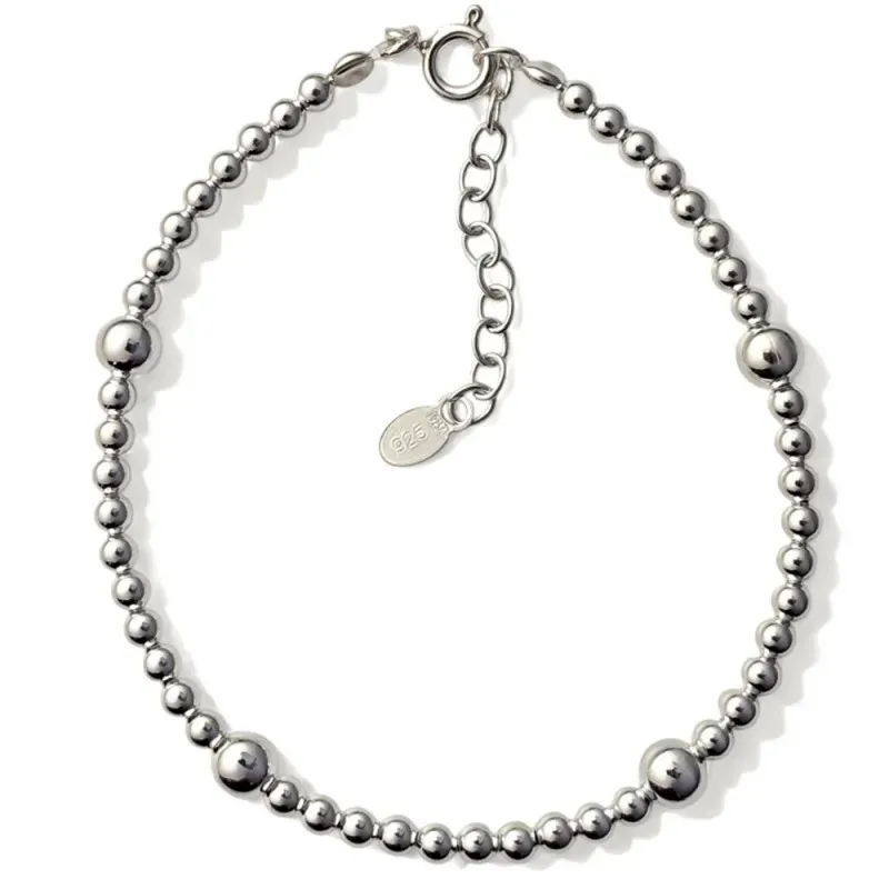 Pulsera en Plata de Ley 925m de 17 cm. con bolas lisas 3 mm. y cuatro