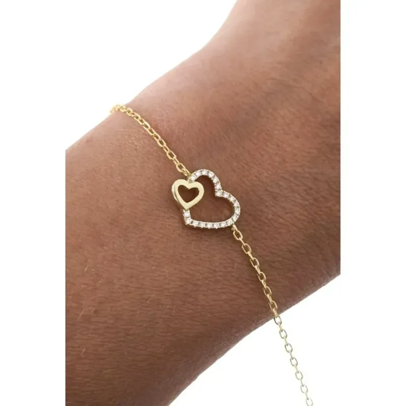 Pulsera Plata Ley 925m chapada en oro forzada 16 cm. corazón 11 mm. c