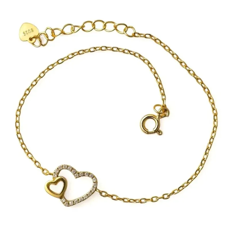 Pulsera Plata Ley 925m chapada en oro forzada 16 cm. corazón 11 mm. c