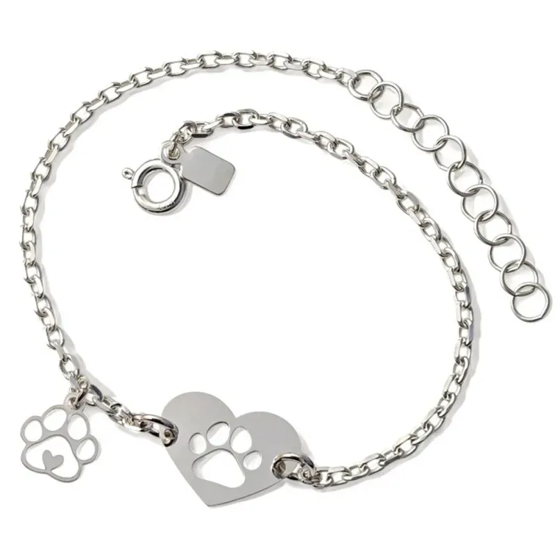 Pulsera en Plata de Ley 925m con 17 cm. corazón de 13 mm. huella perr