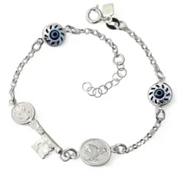 Pulsera Plata Ley 925m 18 cm. llave San Benito 20 mm. medalla San Jud