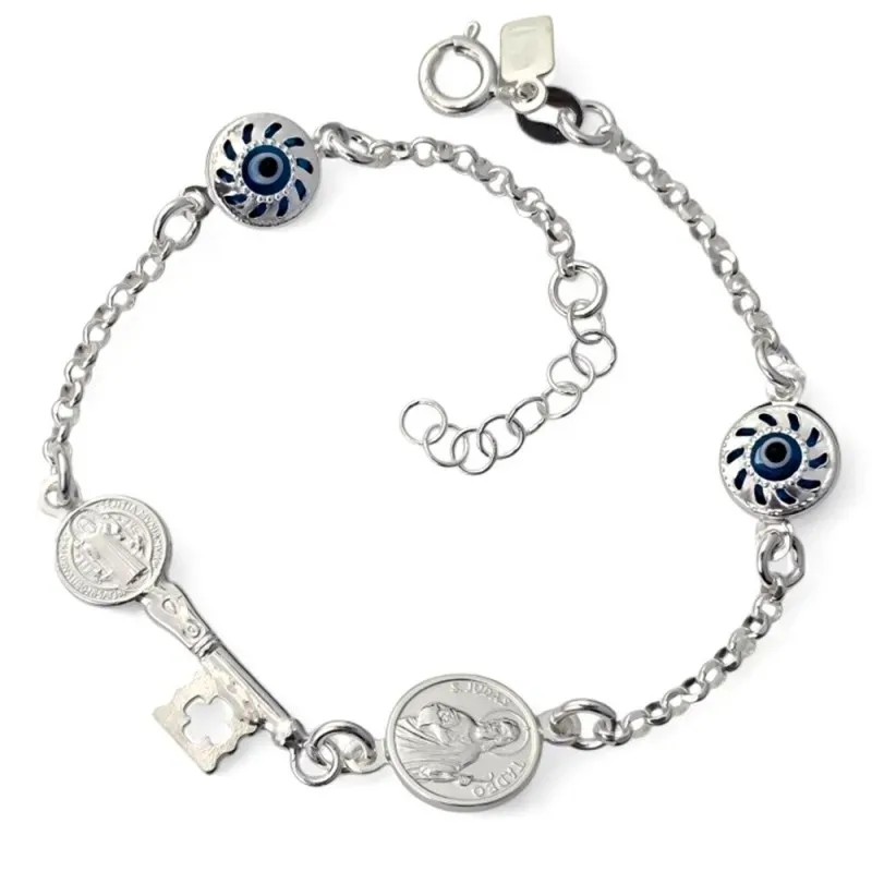 Pulsera Plata Ley 925m 18 cm. llave San Benito 20 mm. medalla San Jud
