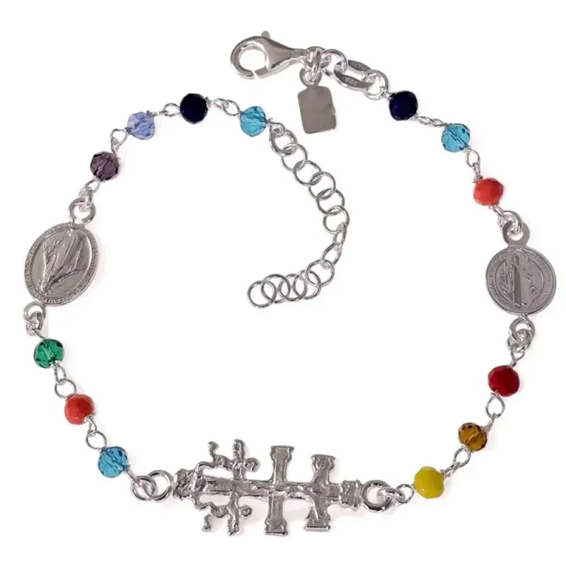 Pulsera Plata Ley 925m 17 cm. Cruz Caravaca 21 mm. medalla San Benito
