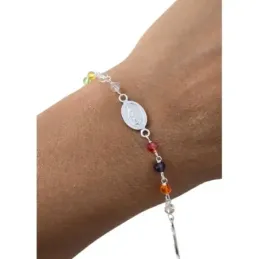 Virgen Milagrosa Pulsera en Plata de Ley 925m de 17 cm. piedras color