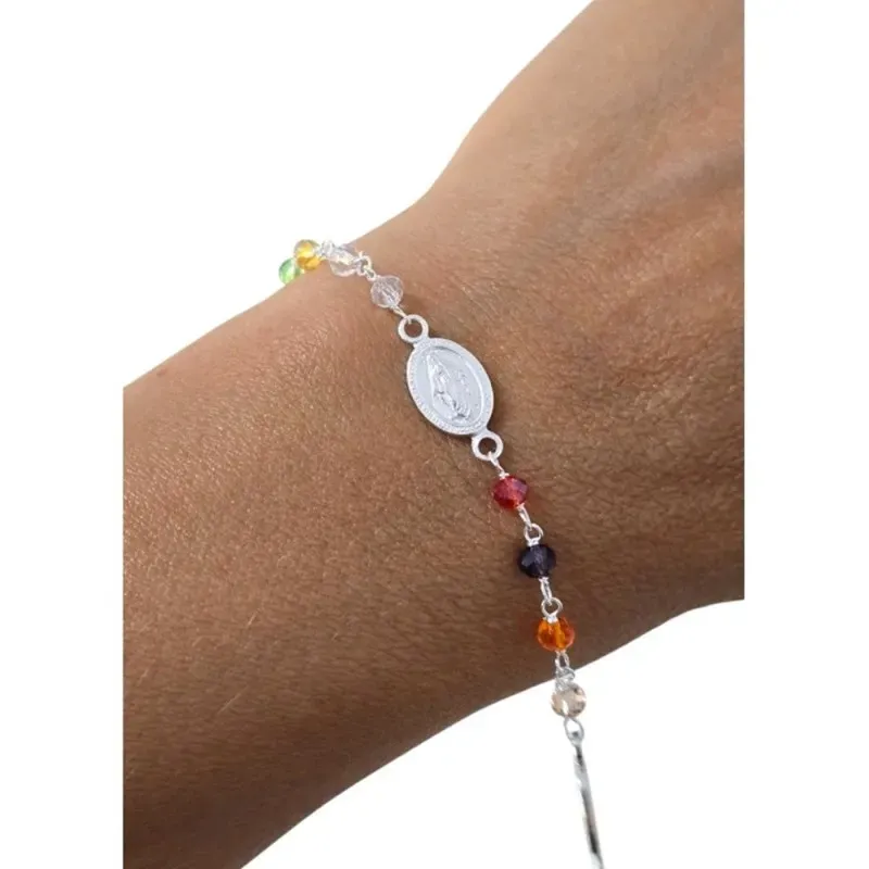 Virgen Milagrosa Pulsera en Plata de Ley 925m de 17 cm. piedras color