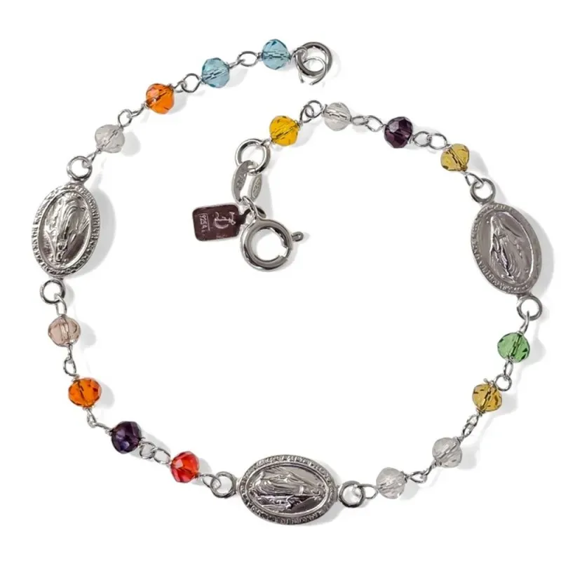 Virgen Milagrosa Pulsera en Plata de Ley 925m de 17 cm. piedras color