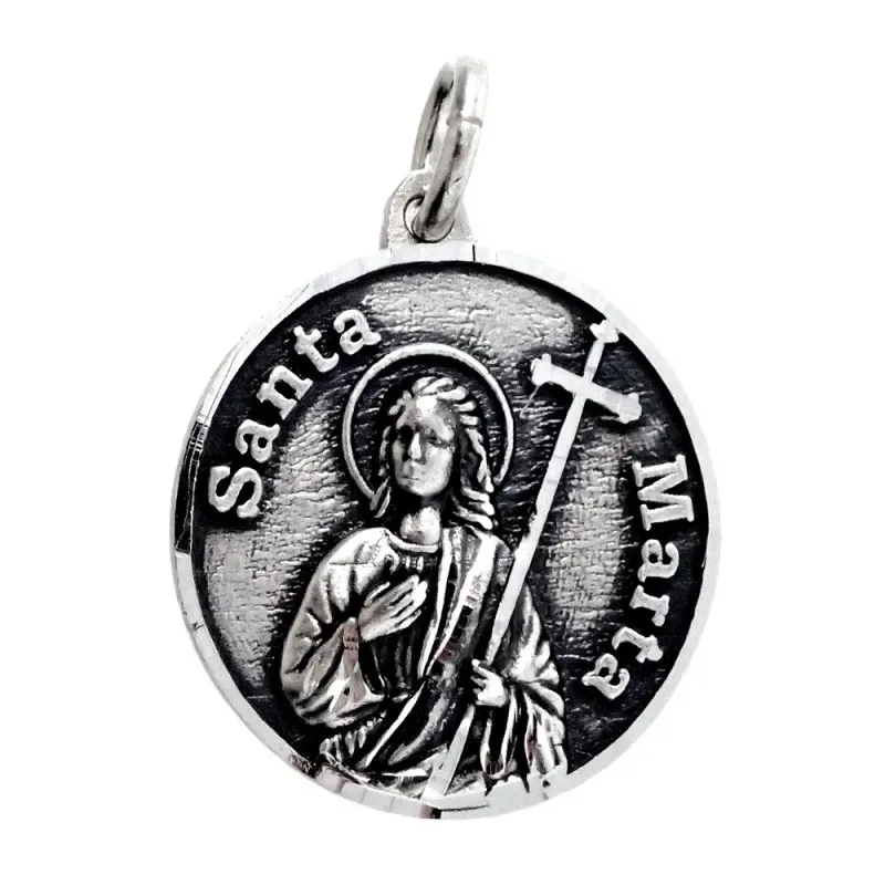 Medalla colgante plata Ley 925m maciza 18mm. Santa Marta detalles tallados