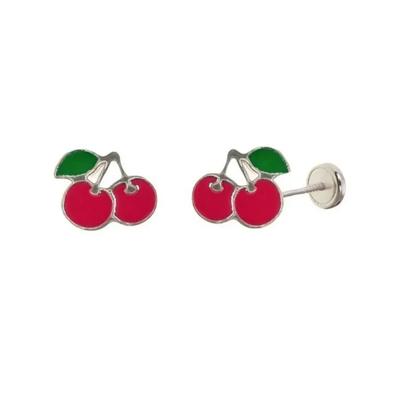 Pendientes plata Ley 925m niña 6 mm. forma cerezas esmaltadas color t
