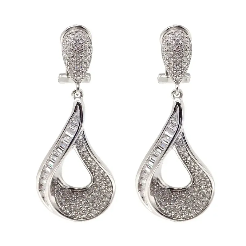 Pendientes plata Ley 925m largos novia circonitas baguet  [AB6486]