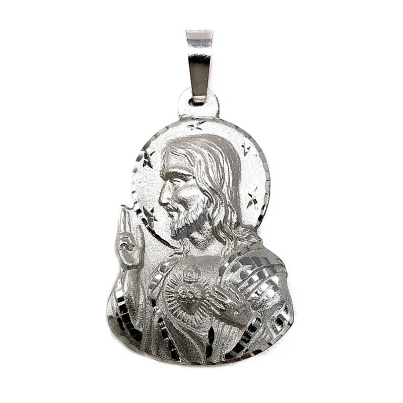 Colgante plata Ley 925m silueta 40mm. imagen Sagrado Corazón relieve