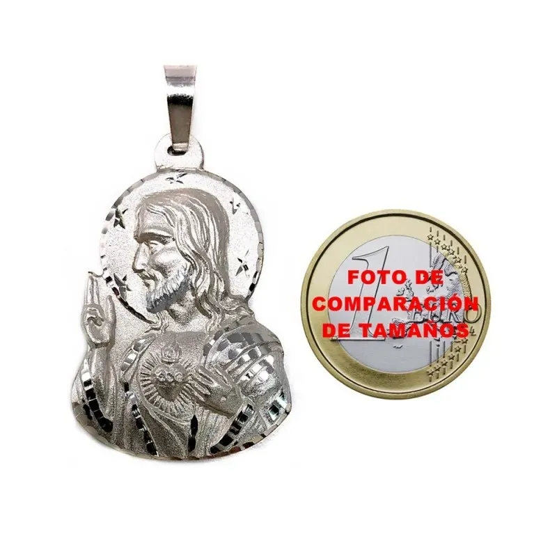 Colgante plata Ley 925m silueta 40mm. imagen Sagrado Corazón relieve