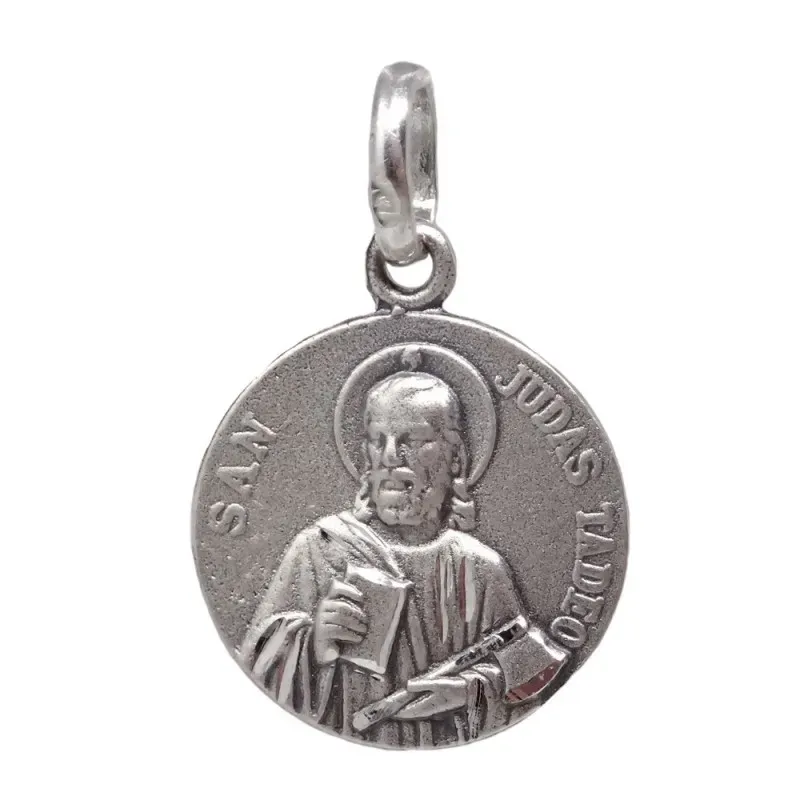Medalla colgante plata ley 925m San Judas Tadeo 15mm. detalles tallados trasera lisa