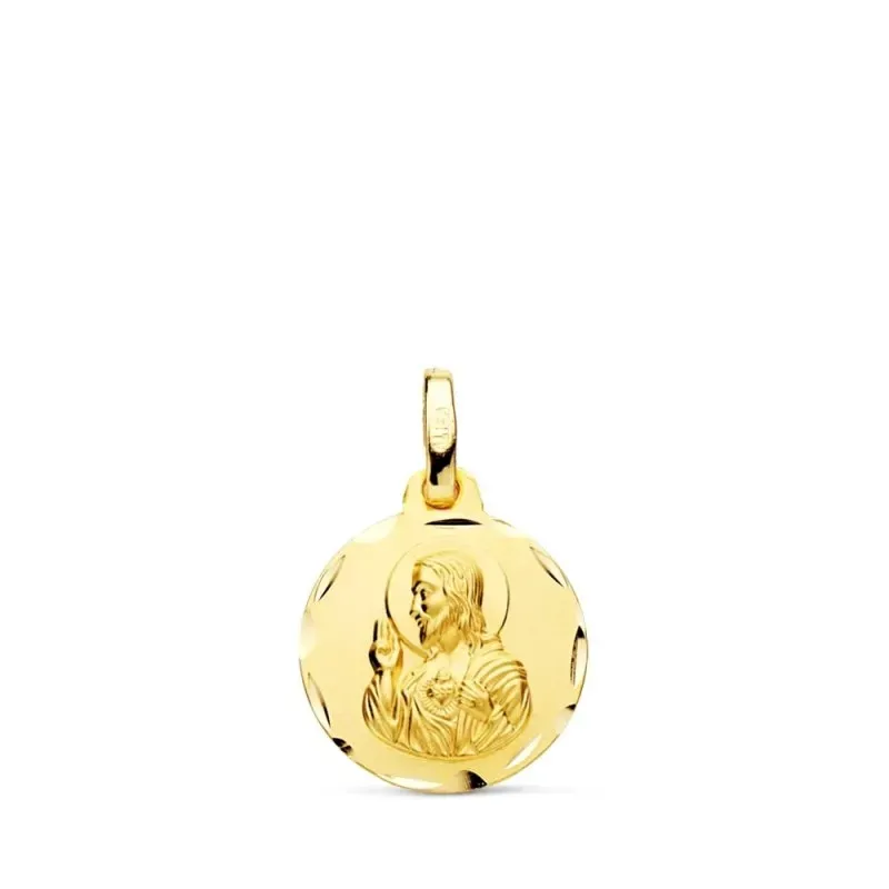 Corazón de Jesús Medalla en Oro de 9k con14 mm. y borde tallado