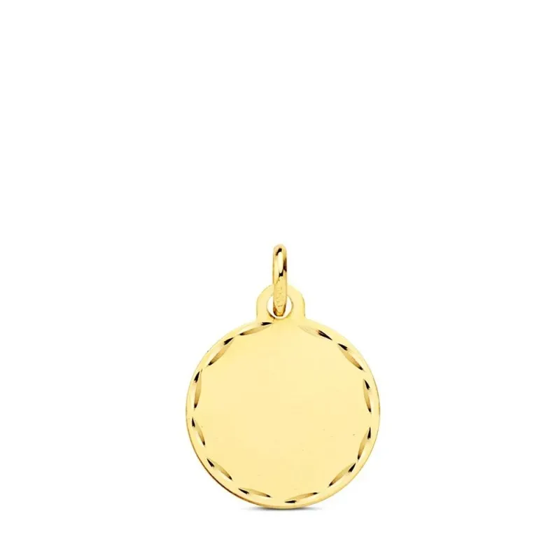 Colgante Disco en Oro 9k de 18 mm. matizado con borde tallado. Grabac