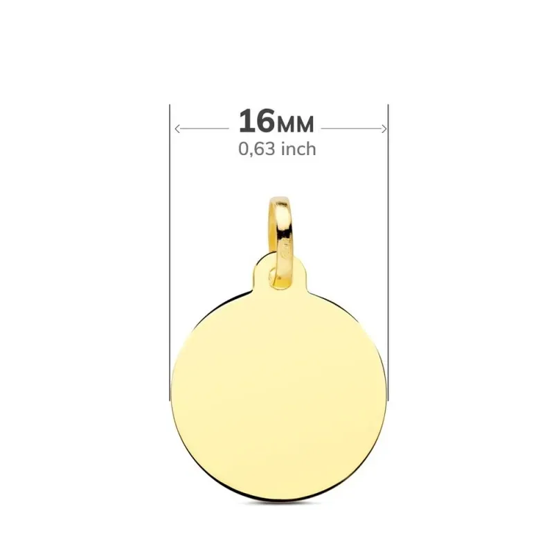 Colgante Disco en Oro 9k de 16 mm. acabado brillo liso. Grabación inc