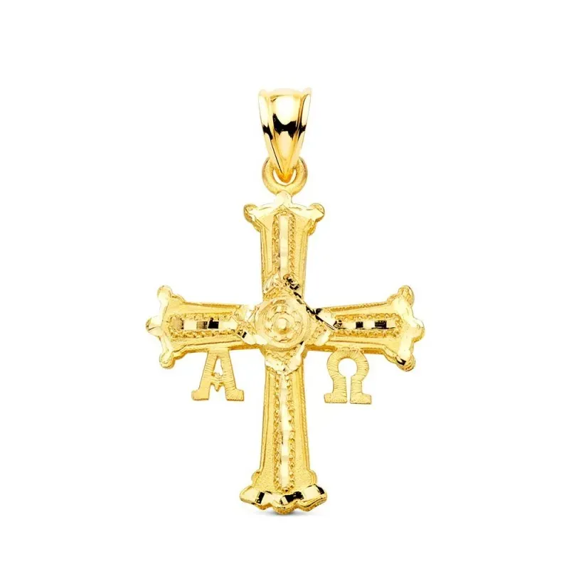 Cruz de Covadonga Colgante en Oro de 9k con 33 mm. detalle Alpha y Om