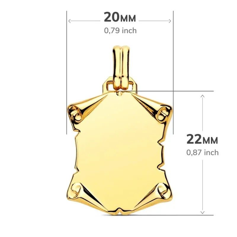 Pergamino Chapa Colgante en Oro 9k de 22 mm. acabado en brillo