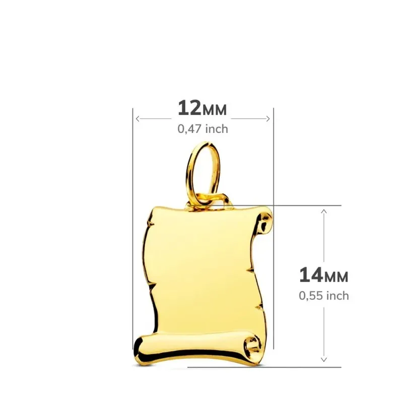 Colgante Pergamino en Oro 9k chapa de 14 mm. en brillo. Grabación inc