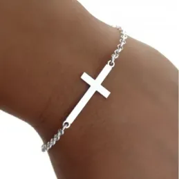 Pulsera plata ley 925m lisa cruz plana cadena rolo [AB0158]