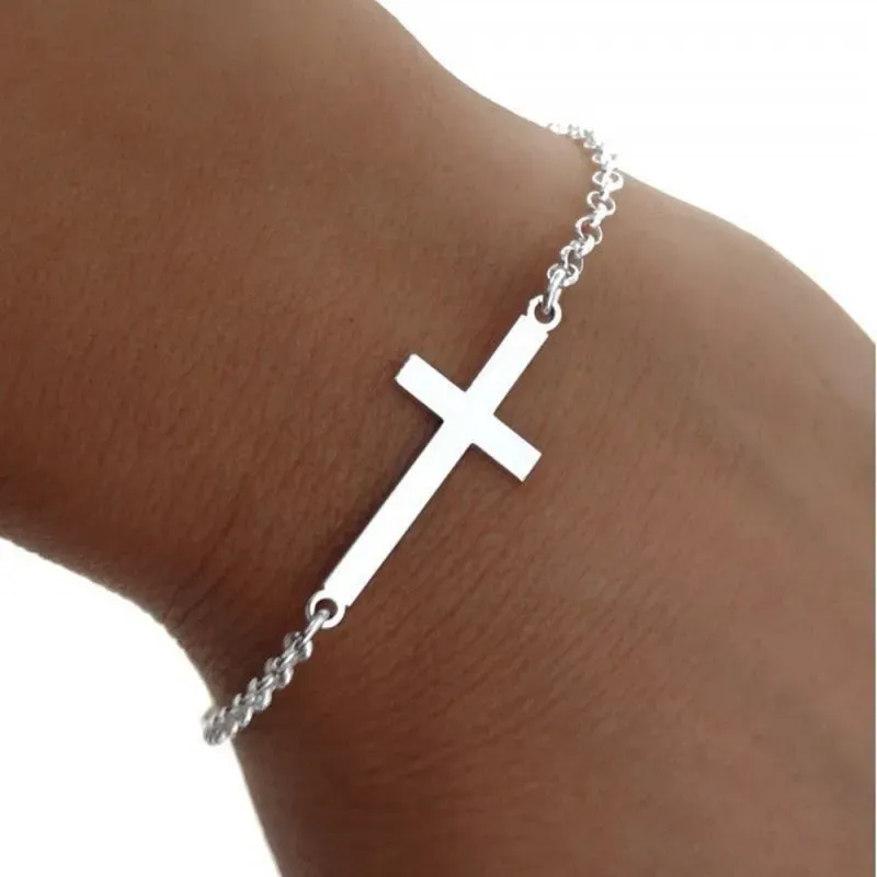 Pulsera plata ley 925m lisa cruz plana cadena rolo [AB0158]