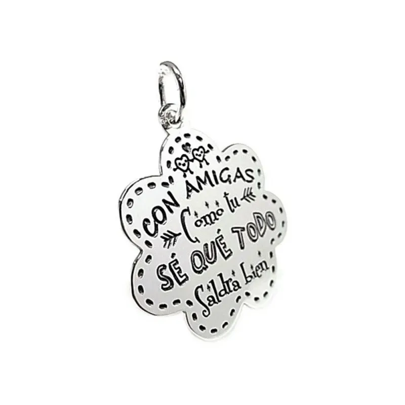 Colgante plata Ley 925m chapa flor frase amigas [AB5379GR]