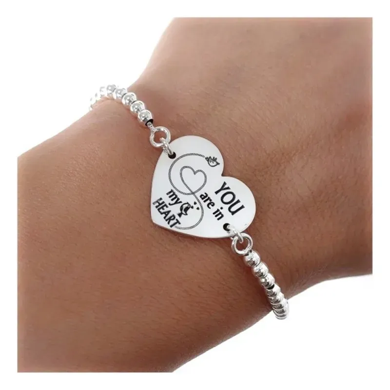 Pulsera plata Ley 925m 18cm. bolas chapa corazón mensaje [AB5446GR]