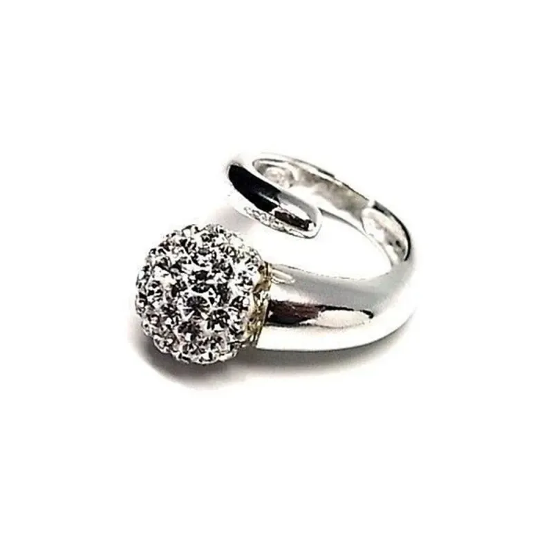 Sortija plata Ley 925m cruzada bola piedras simil 12mm blanco [AC0264]