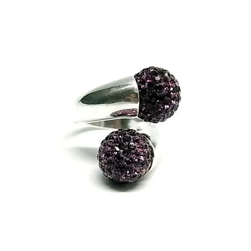 Sortija plata Ley 925m piedras simil dos bolas 12mm. morado [AC0276]