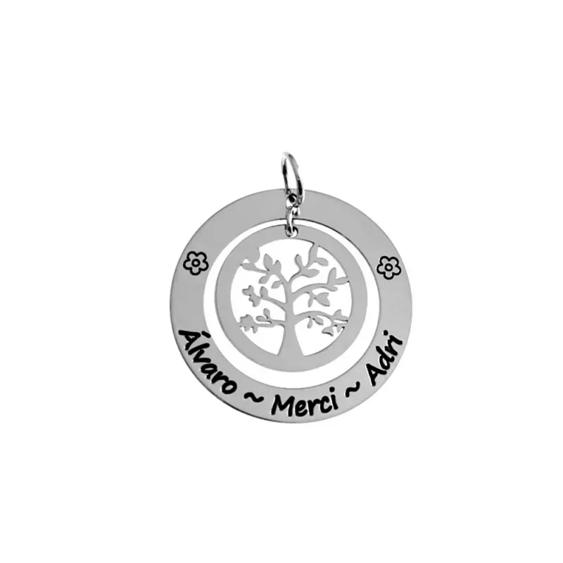 Colgante plata Ley 925m árbol de la vida 34mm. calado cerco nombres personalizados flores laterales