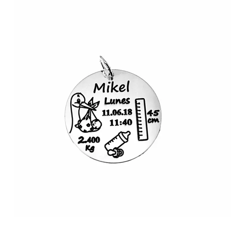 Colgante plata Ley 925m disco liso 30mm. personalizado nacimiento cigüeña biberón chupete metro