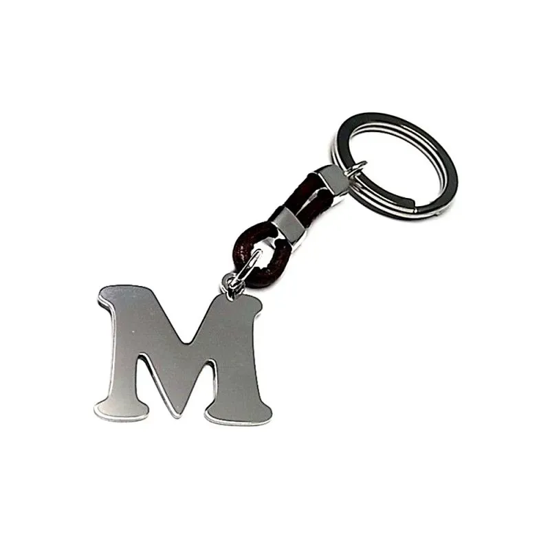 Llavero plata Ley 925m cuero oscuro letra lisa inicial personalizada argolla doble níquel