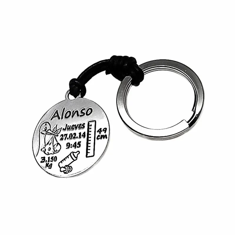 Llavero plata Ley 925m cuero nacimiento disco 30mm. personalizado cigüeña bebé biberón chupete metro