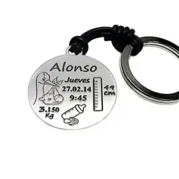 Llavero plata Ley 925m cuero nacimiento disco 30mm. personalizado cigüeña bebé biberón chupete metro