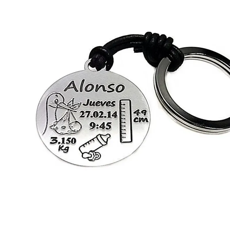 Llavero plata Ley 925m cuero nacimiento disco 30mm. personalizado cigüeña bebé biberón chupete metro