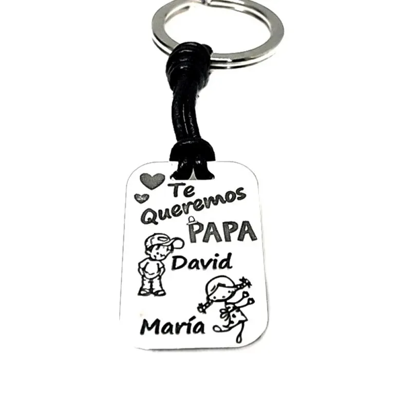 Llavero plata Ley 925m cuero chapa TE QUEREMOS PAPÁ nombres personalizados detalle niños