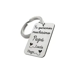 Llavero plata Ley 925m placa 35x22mm. TE QUEREMOS MUCHÍSIMO PAPÁ nombres personalizados corazones